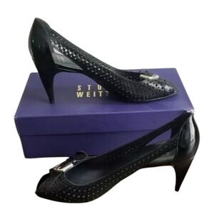 Stuart Weitzman ✘ Pimlico Black Nappa Heels Perforated Open Toe Sandals Shoes